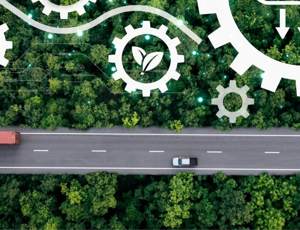 Road through a remote landscape with a technology graphic overlay