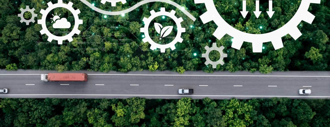 Road through a remote landscape with a technology graphic overlay